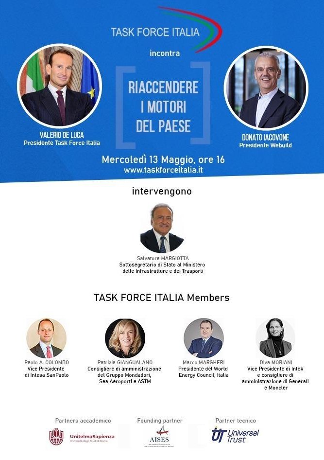 Oggi alle ore 16:00 al Web Talk di Task Force Italia "Riaccendere i motori del paese" con <a href="/vadeluca/">Valerio de Luca</a> parleremo della grande trasformazione in atto generata dai profondi cambiamenti sul piano economico, politico e sociale che il nostro Paese è costretto ad affrontare.