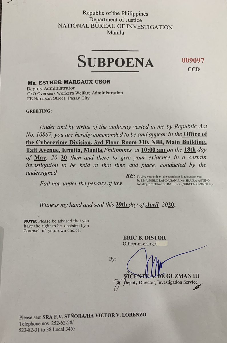 Just in Exclusive: The National Bureau of Investigation Cybercrime Division issues a subpoena for OWWA Deputy Administrator Mocha Uson re a fake news complaint.