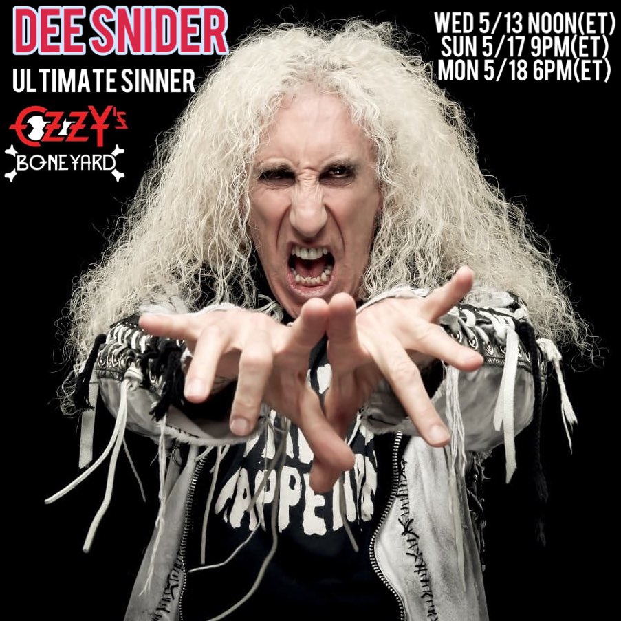 OzzysBoneyard's tweet photo. TODAY Noon (ET) @deesnider @TwistedSisterNY will be our special guest #UltimateSinner Catch replays Sun 5/17 9pmET & Mon 5/18 6pmET Only on @siriusxm #OzzysBoneyard
#Deesnider #twistedsister #GuestDJ https://t.co/qyuH0KGBtp