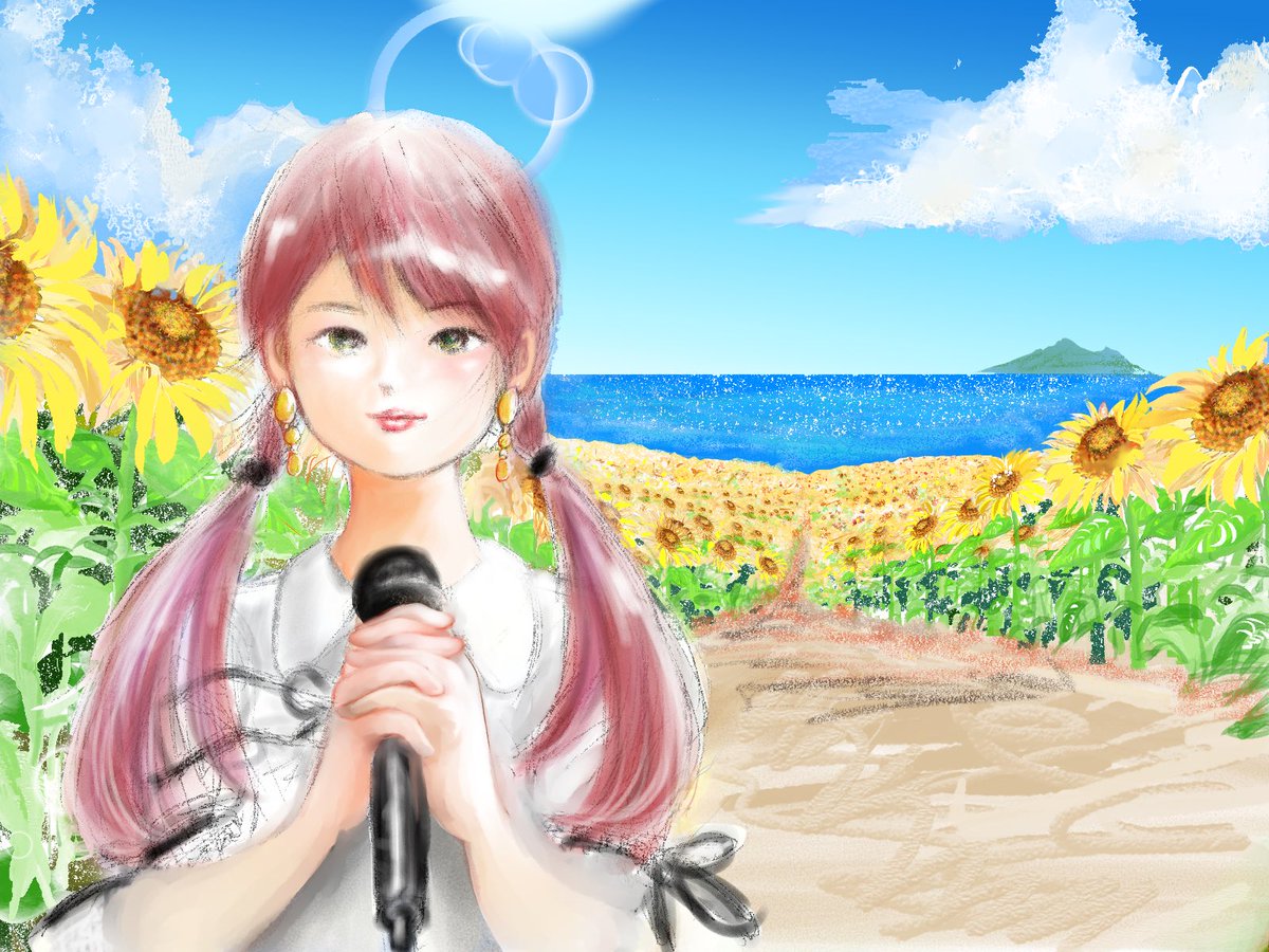 夏色弥生16 杏 S 熊田このはちゃんのイラストです 昨年の野木町のひまわりフェスティバルの絵をリニューアルしました 動画の絵と違い こちらは海を背景にしました イラスト 熊田このは ひまわりフェスティバル