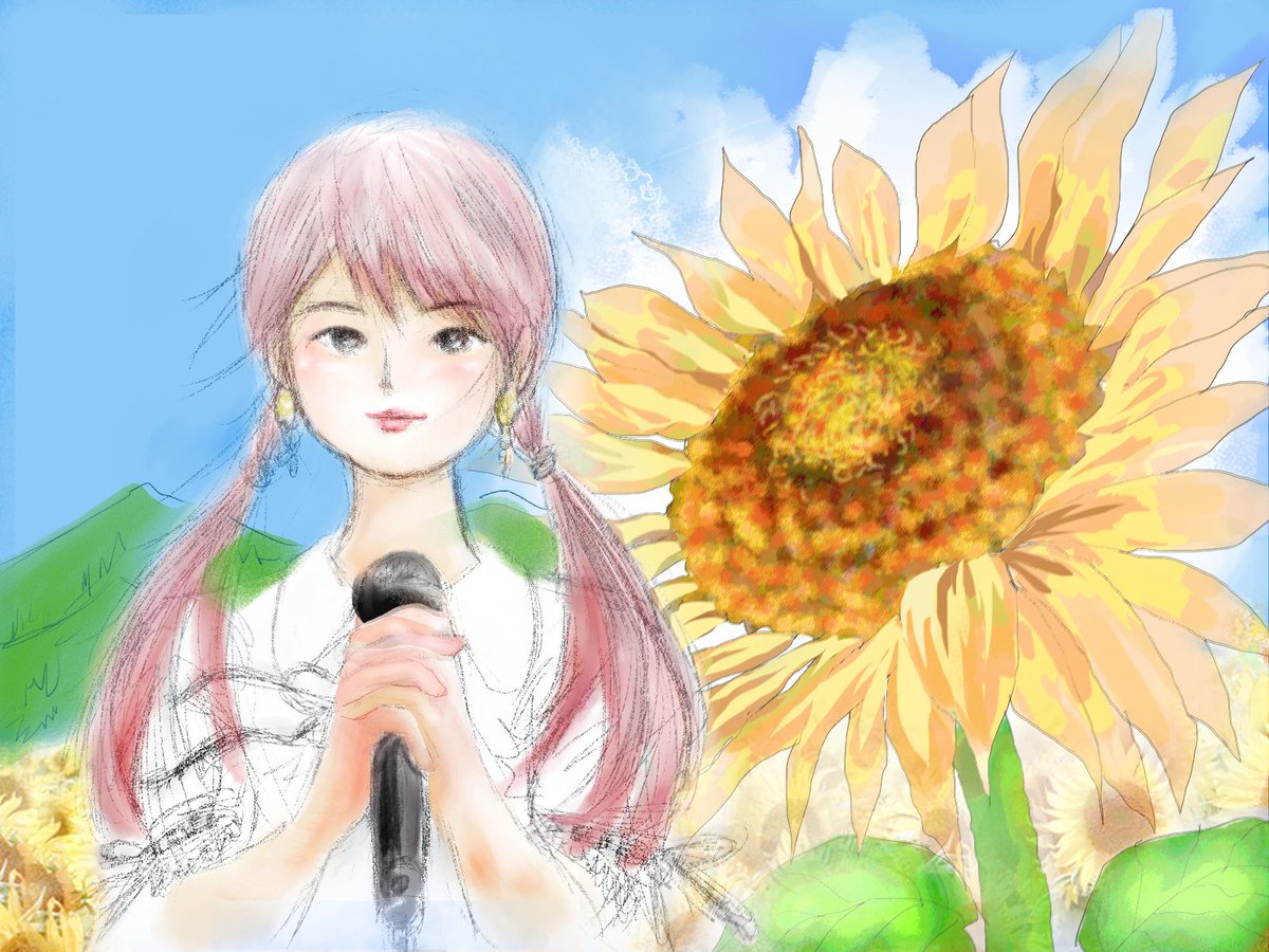 夏色弥生16 杏 S 熊田このはちゃんのイラストです 昨年の野木町のひまわりフェスティバルの絵をリニューアルしました 動画の絵と違い こちらは海を背景にしました イラスト 熊田このは ひまわりフェスティバル