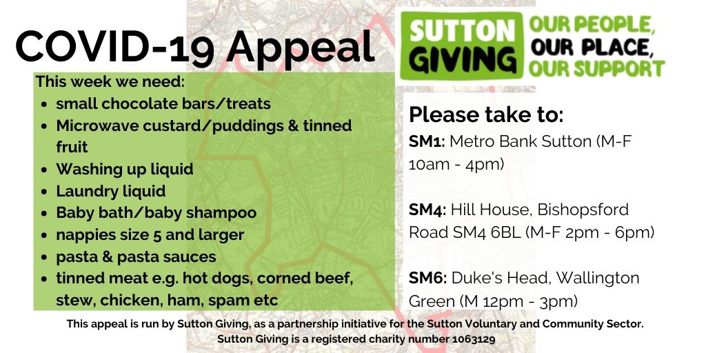 Can you donate any of these items? This is what is most needed for the people &amp; families being supported by <a href="/AgeUKSutton/">Age UK Sutton</a> <a href="/HSSuttonSurrey/">Home-Start Sutton</a> <a href="/SuttonCarers/">Sutton Carers Centre</a> <a href="/ComActionSutton/">Community Action Sutton</a> &amp; <a href="/VCSutton1/">Volunteer Centre Sutton</a> - you can bring your donations to any of the 3 drop off points below - thank you! 🌈