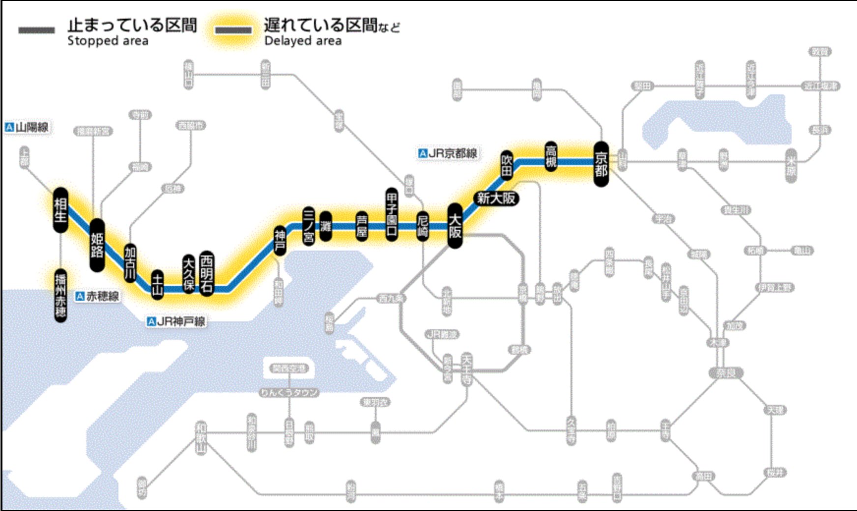 Akira K ｊｒ神戸線 信号の確認 列車の遅れ 18時15分更新 １７時４５分頃 ｊｒ神戸線 姫路駅で信号の確認をしているため ｊｒ神戸線 山陽線の列車に遅れがでています 影響線区 ｊｒ神戸線 西明石 から 姫路 まで 遅延 山陽線 姫路 から 相生 まで