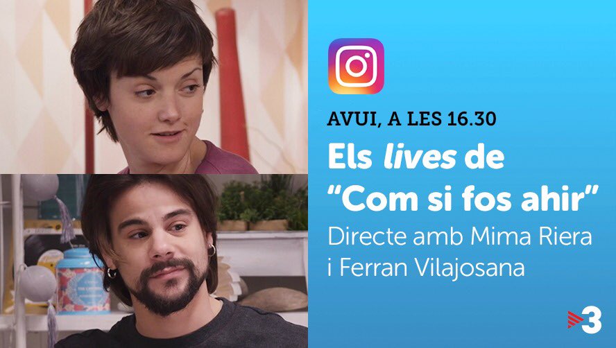 📱 Avui, a les 16.30, parlem amb la Lola i en Raül de #ComSiFosAhirTV3 o cosa que és el mateix, la <a href="/mimariera/">Mimariera</a> i en <a href="/Ferran_VS/">Ferran Vilajosana</a>! Fes-li les teves preguntes a la parella a través d’Instagram Live
👉🏼 T’hi esperem!
#JoEmQuedoACasa #HoPassemJunts