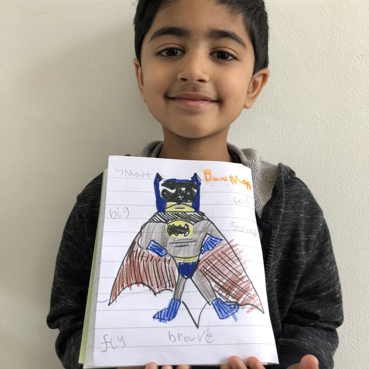 SilvertreesInfo's tweet photo. Krishay, from Elm Class, has drawn his favourite superhero and written some words to describe him! You have used your phonics really well to sound out the words. Super work! 😊👍🏻 https://t.co/LigAABXhgV