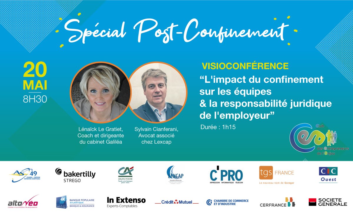 👉J-7, INSCRIVEZ-VOUS | Rdv le Mercredi 20 Mai de 8h30 à 10h pour une visioconférence sur "L'impact du confinement sur les équipes et la responsabilité juridique de l'employeur". Inscription gratuite➡️cea49.net/inscription
#solidarité #covid19 #entrepreneurs #entreprises