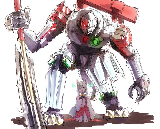 歌声でロボに強化バフをつける巫女と自律機動AIが搭載されていて巫女に危害を加えるものを排除する戦機 