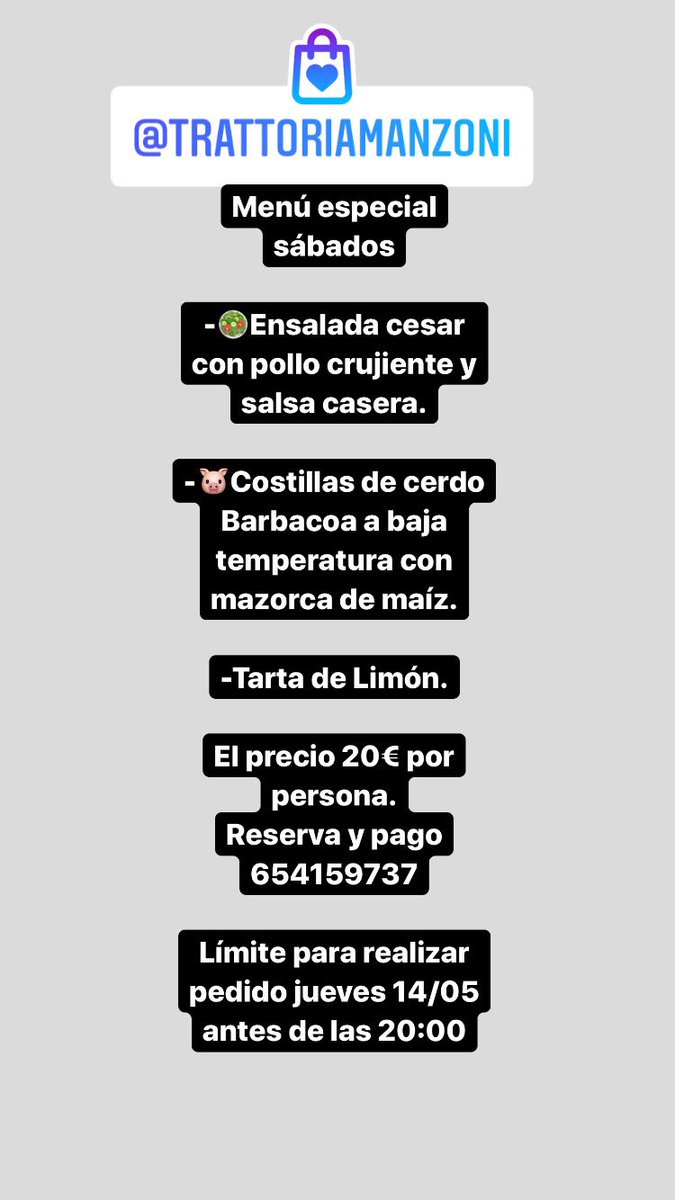 ManzoniTratto's tweet photo. Hemos creado unos menús especiales para los sábados  este sábado es este menú ⬇️ https://t.co/0AuxlJm1HF