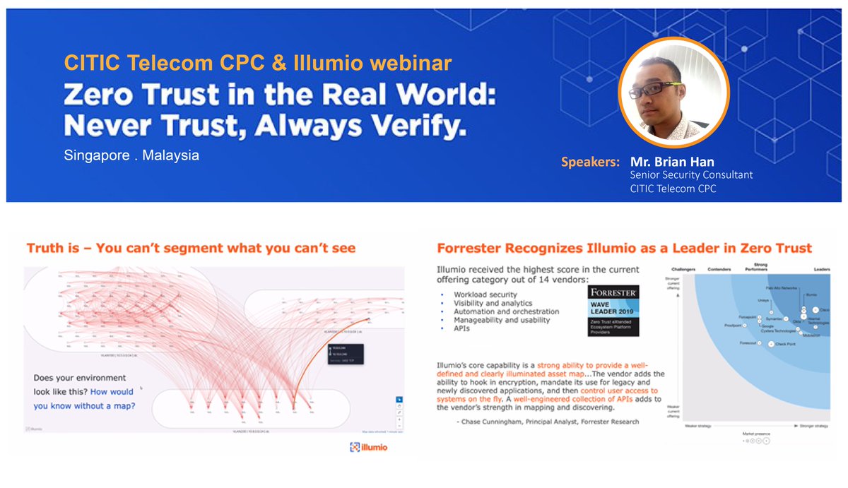 CITICTelecomCPC's tweet photo. [#CPC_Event] To help Singapore organizations understand the potential risks of #Cybersecurity, our expert in #Singapore co-organized a #webinar with @Illumio to share the #ZeroTrust security mindset of "Never trust, Always Verify". The webinar received an overwhelmed response! https://t.co/Q8Cuqh7e6q