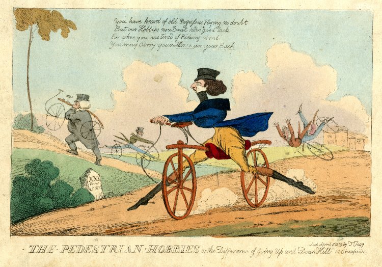 Journal Of Art In Society 0 Years Ago Before Bikes Had Pedals Or Brakes This Dandified Ancestor Of Mr Bean Finds That Riding His Fashionable Wooden Velocipede Downhill With