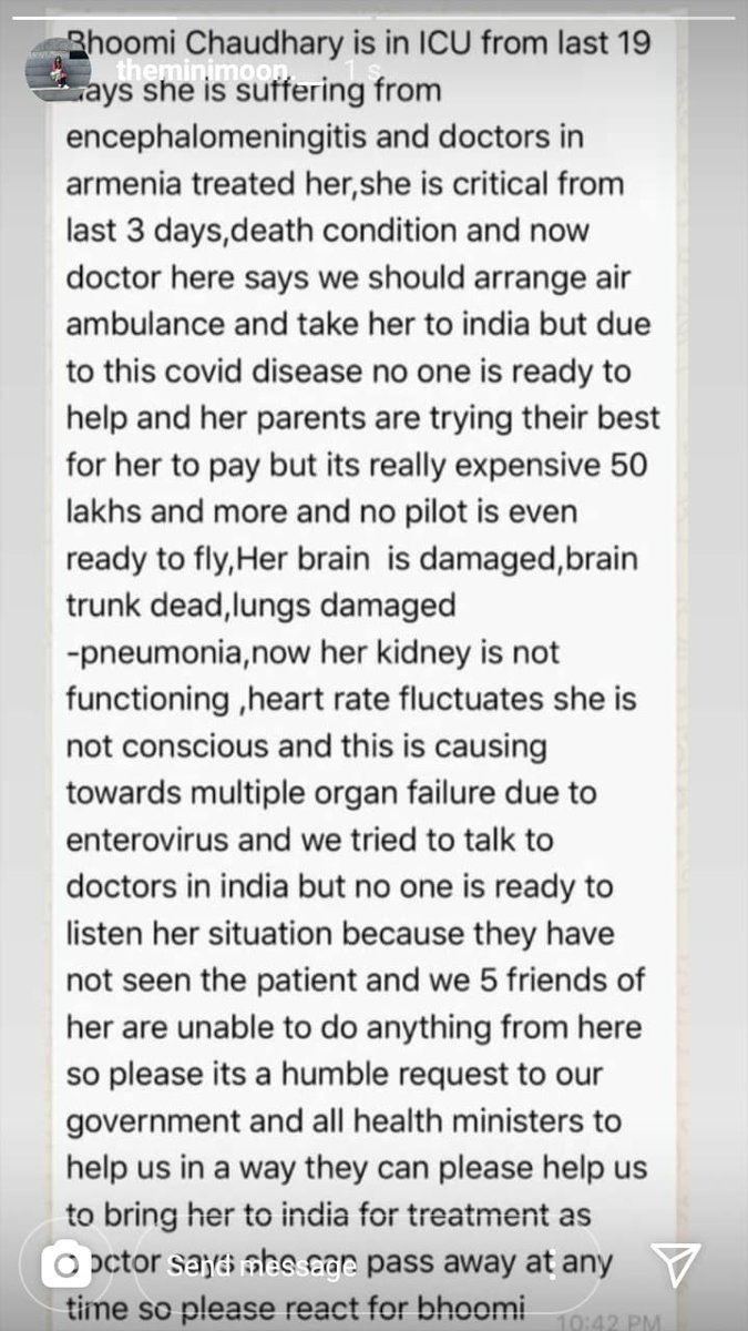 MNC2020's tweet photo. Just heard the news..My friend bhoomi chaudhary who's studying 3rd year MBBS in Armenia.She is suffering from Encephalomeningitis. Her parents want to bring her back to home. I want all of you to retweet this post as much as possible so that this post reach to government official https://t.co/LSTKzlrhRW