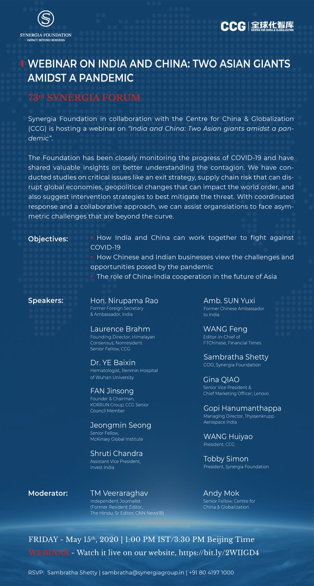 SynergiaImpact's tweet photo. Synergia Foundation in collaboration with @CCG_org is hosting the 9th #Webinar on '#India and #China: Two Asian giants amidst a #pandemic'  on  May 15th 2020 at 1 PM IST / 3:30 PM Beijing Time. To watch the live session, please go to our Facebook page https://t.co/3NXEowTtb6 https://t.co/K3voMOT13T