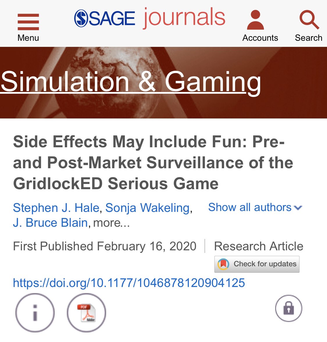 Excited to report that we have a new publication!

Side Effects May Include Fun: Pre- and Post-Market Surveillance of the GridlockED Serious Game. 
#meded #seriousgames

journals.sagepub.com/doi/abs/10.117…