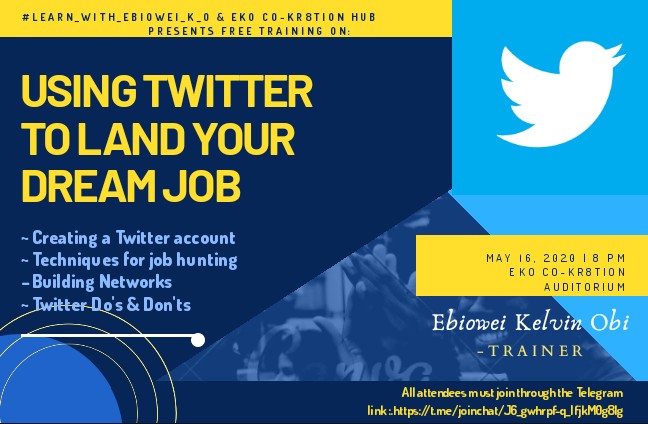 Ebiowei_KO's tweet photo. Happening Live on Telegram. It's FREE sponsored by #Dirism, #TurnahCares & @ECoKr8tionHub.
"USING TWITTER TO LAND YOUR DREAM JOB"
Join through the Telegram link: https://t.co/QyQIKGLrZR
8pm on Saturday.
#Learn_With_Ebiowei_K_O
#careerdevelopment
#personaldevelopment
#PDev https://t.co/0okVXL6F1p