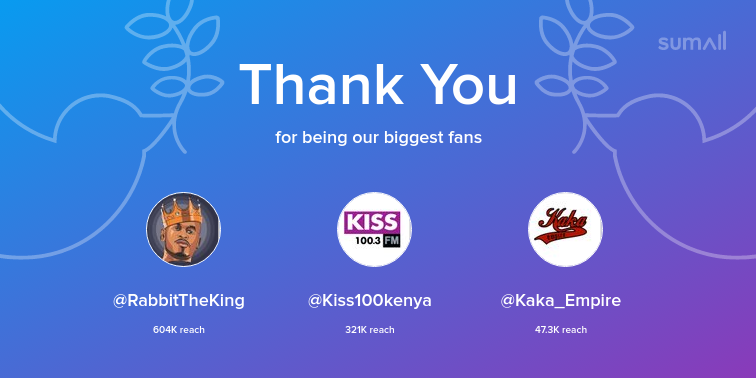 Our biggest fans this week: RabbitTheKing, Kiss100kenya, Kaka_Empire. Thank you! via sumall.com/thankyou?utm_s…