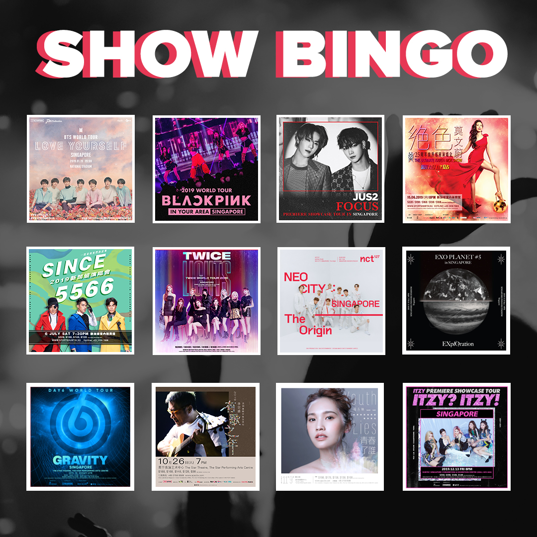 OneProductionSG's tweet photo. Did you BINGOed in our last #ConcertBingo challenge? 😎

Join in our #ShowBingo and tell us 👇 how many of our shows you have attended and which artist will you want to see them LIVE again in 🇸🇬!

#LiveExperience #Throwback #LoveOfLive #oneproductionsg #livenationsg https://t.co/z9aiaTS01i
