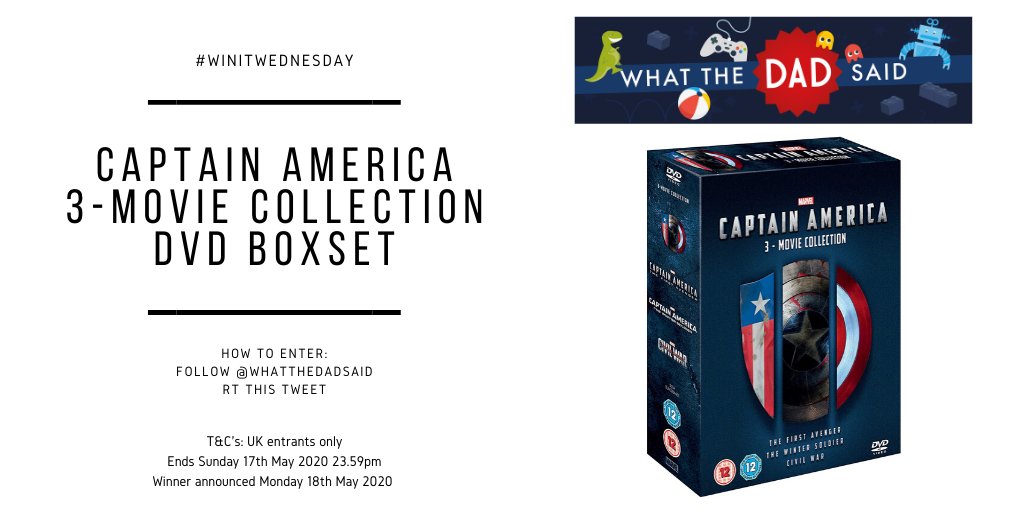 WhatTheDadSaid's tweet image. [AD-GIFTED] Time for #WinItWednesday!

* Follow @whatthedadsaid &amp;amp; RT to win Captain America 3-Movie Collection DVD Boxset amzn.to/39i8EBu [AFF]
* Ends Sunday 17th May 2020 (23.59pm)
* UK entrants only

Full T&amp;amp;C's: bit.ly/32WL76J