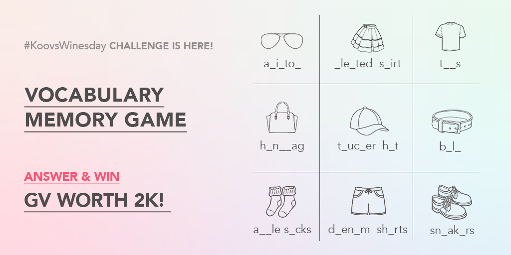 #KoovsWinesday Challenge is here! ❤️ 
Get a chance to win GV worth 2K. 😍 
T&amp;C:
1. Guess all 9 fashion words by commenting below.
2. 2 lucky winners will get 2K GV each.
3. Contest duration is from 13th to 14th May 2020.
.
#StayHomeStaySafe #StayHomeWithKoovs #koovs #contestalert