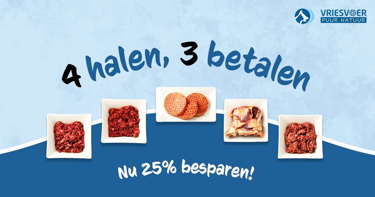 Vriesvoer's tweet photo. 🤑 4️⃣ halen, 3️⃣ betalen

Wekelijkse aanbieding: Koop 4 pakjes van onze populaire verse vleesproducten, rundvleesmix, rundersnuit, runderhart, vleesbotten en hondenburger en betaal er slechts 3. 🥳

De aanbieding is geldig tot 19 mei 2020.

👉🏻 https://t.co/X7r54oVdTC

#vriesvoer https://t.co/3oYIBmKB9s