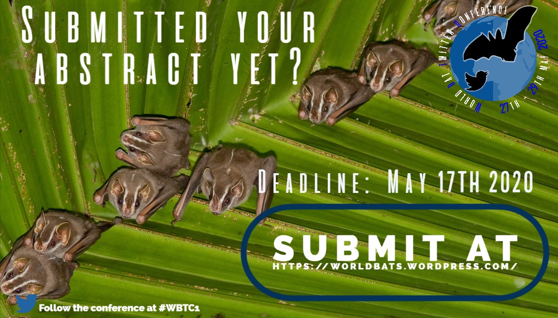 UWE_EcoConRes's tweet photo. Still deciding if you should presentation your #Bats #research for #WBTC1? The answer is YES!

As well as being #LowCarbon and cost-free, it is an easy and exciting way to reach a #global audience 🦇🌍

Please RT

Deadline 17th May 2020. 
Submit at https://t.co/sDAe3Uuj2A https://t.co/lJk0196WyQ