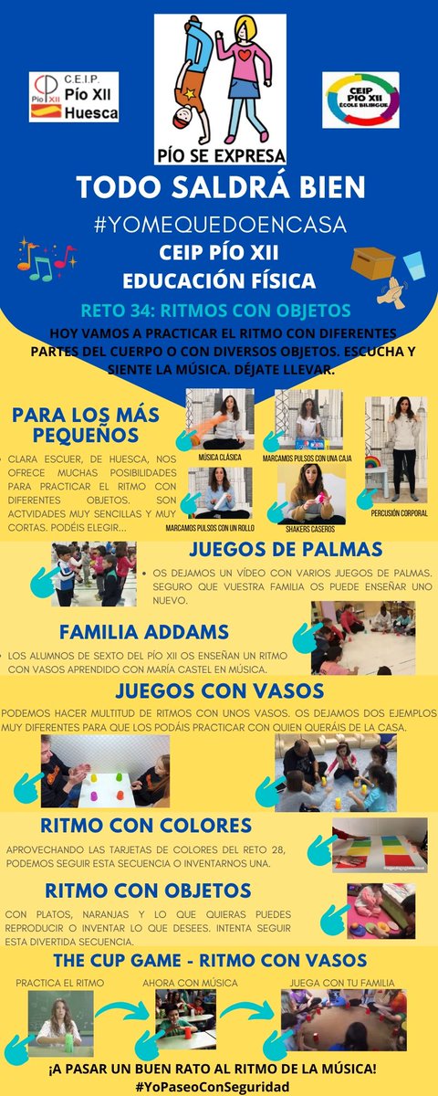 RETO 34: RITMOS CON OBJETOS
Vamos a mover al ritmo de la música diferentes objetos o partes del cuerpo. Muy divertido para hacer por parejas o en familia. ¡Anímate!🎵🎶
Con <a href="/aguabos/">Inés Aguareles</a> en <a href="/CEIP_PioXII/">CEIP Pío XII de Huesca</a> 
noticieropioxii.blogspot.com/2020/05/elpion… (pdf con enlaces)
#edufis #retosEF #ElPioNoDejaDeMoverse