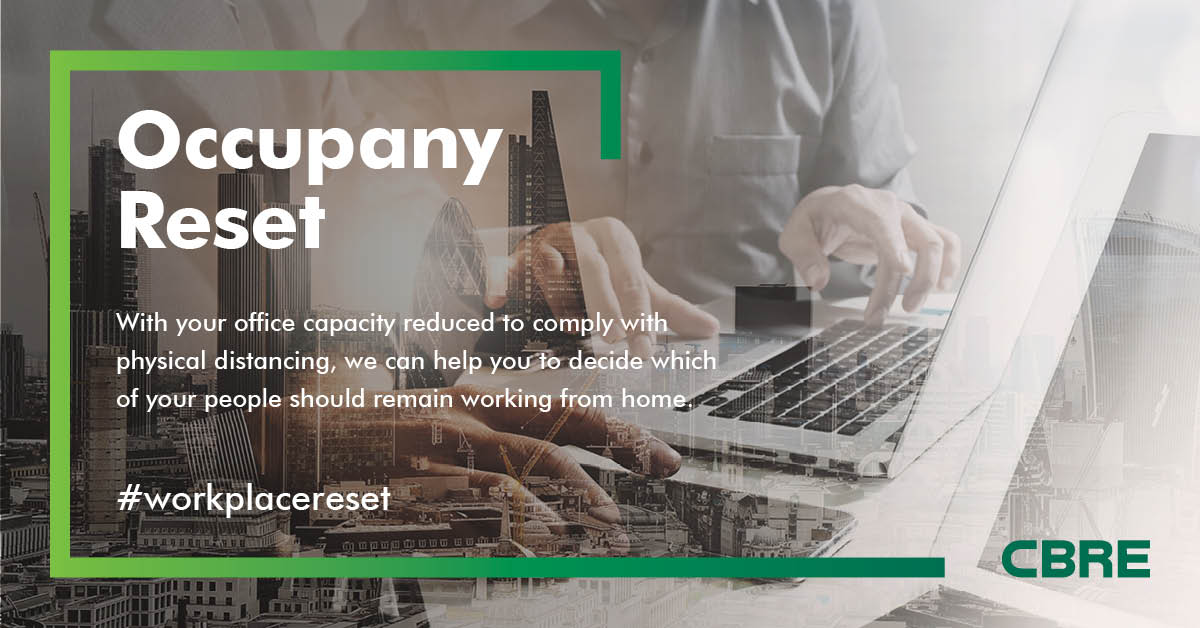 CBRE_UK's tweet photo. With your office capacity reduced to comply with physical distancing, we can help you to decide which of your people should remain working from home, which should return to the #workplace, and how to phase their return. Find out more https://t.co/LW8inZluNO
#WorkplaceRESET https://t.co/wzwspvLxn6