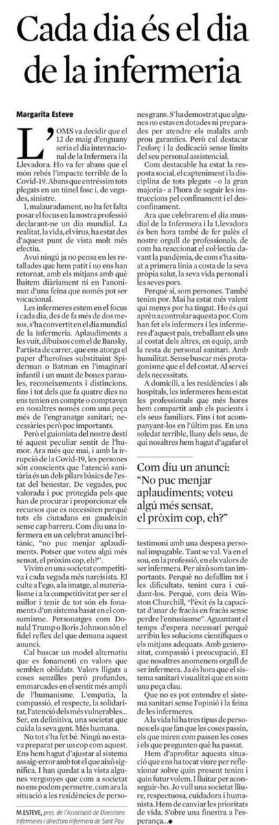 🗞️ "Han quedat a la vista algunes vergonyes que com a societat no ens podem permetre" afirma <a href="/margaesteve/">Marga Esteve</a> a <a href="/LaVanguardia/">La Vanguardia</a> <a href="/LaVanguardiaCAT/">LaVanguardia.cat</a>

#infermeres #salut #COVID19
