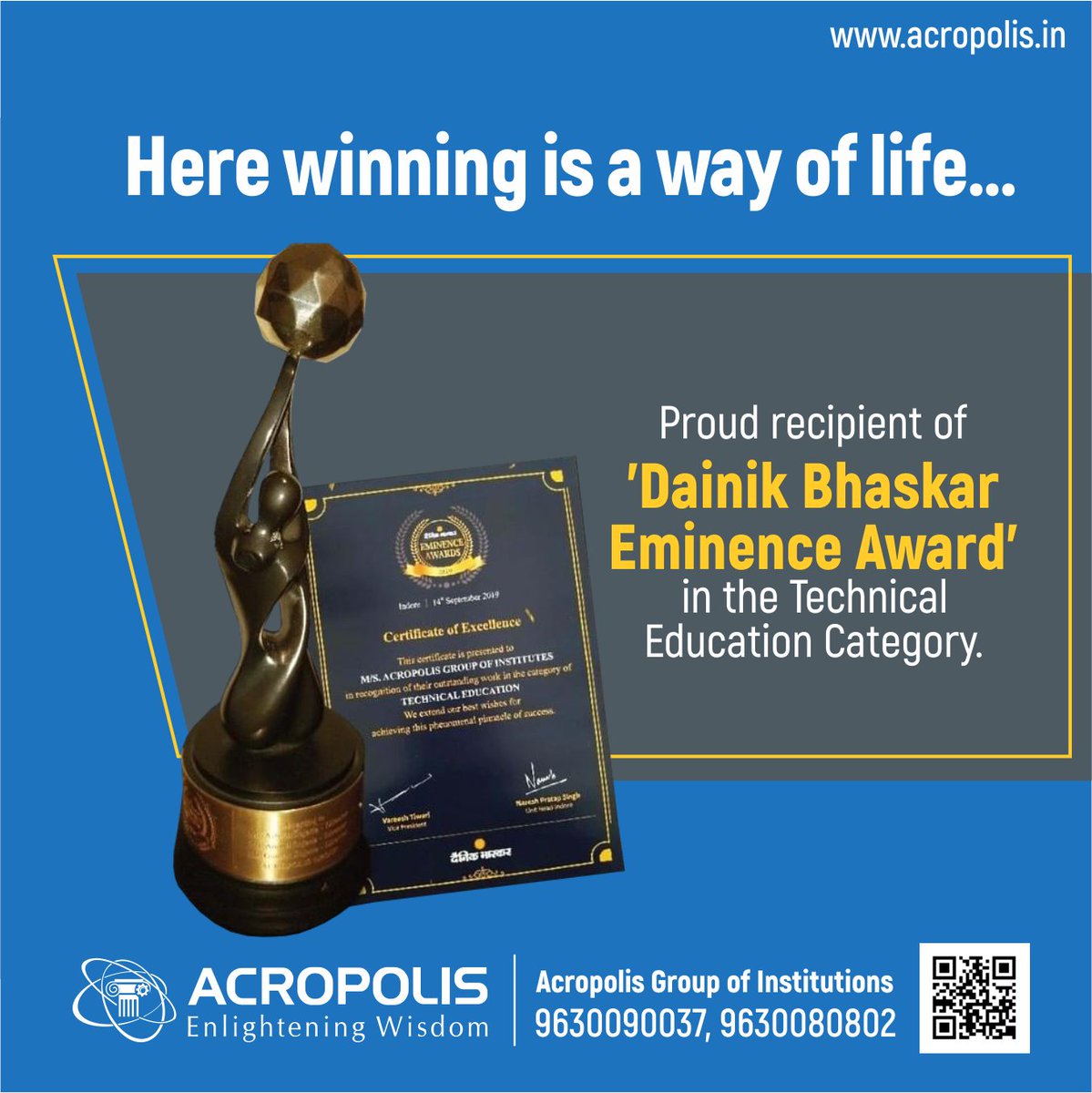 AcropolisIndia's tweet photo. An institution which offers the best technical education to students.
We are proud of the recognition and accolade conferred on #AcropolisGroup at the Eminence Awards by #DainikBhaskar.
.
.
.
#Acropolis #AcropolisInstitute #College #AcropolisCollegeIndore #Indore #MadhyaPradesh https://t.co/DO5L9tXlEW