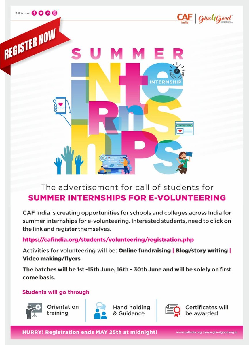 OneStage_tweets's tweet photo. Call for Registration!
#CAFIndia is creating an opportunity for school/college students across India to #eVolunteer.
Please click on the link and register yourself for varied volunteering opportunities https://t.co/pevrz4biTl
Hurry Up! Limited seats.
#Volunteer4Good https://t.co/WMNeXk7R1U
