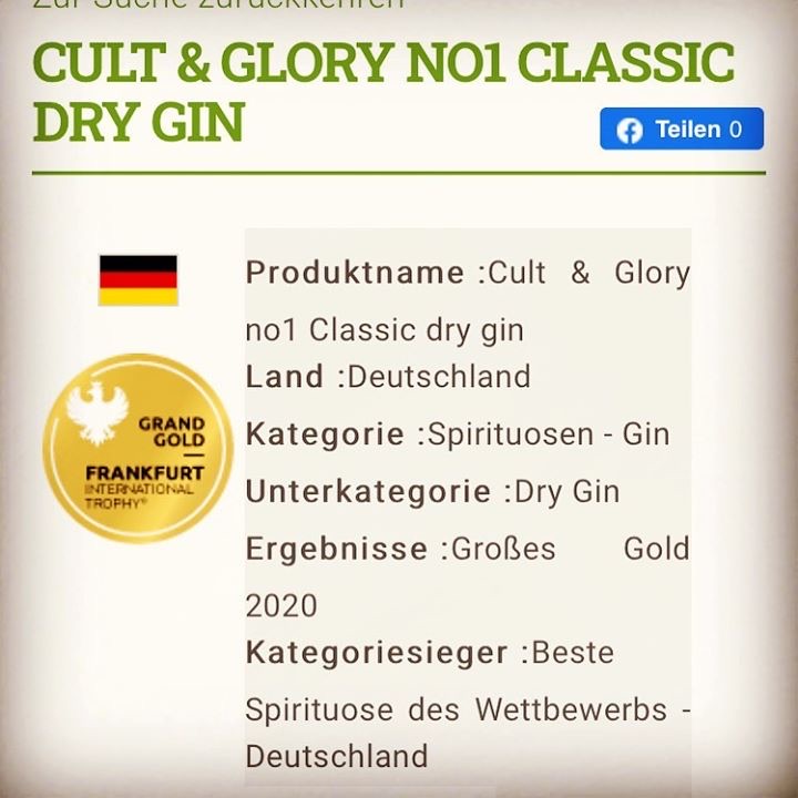 Unser Gin bekommt Großes Gold bei der Frankfurt International Trophy als Kategoriesieger : Beste Spirituose des Wettbewerbs - Deutschland. Wie gut, dass unsere Lager wieder gut gefüllt sind für euch. 🥇 #cultandglory #ginlovers #gintonic #frankfurtinternationaltrophy #großesgold
