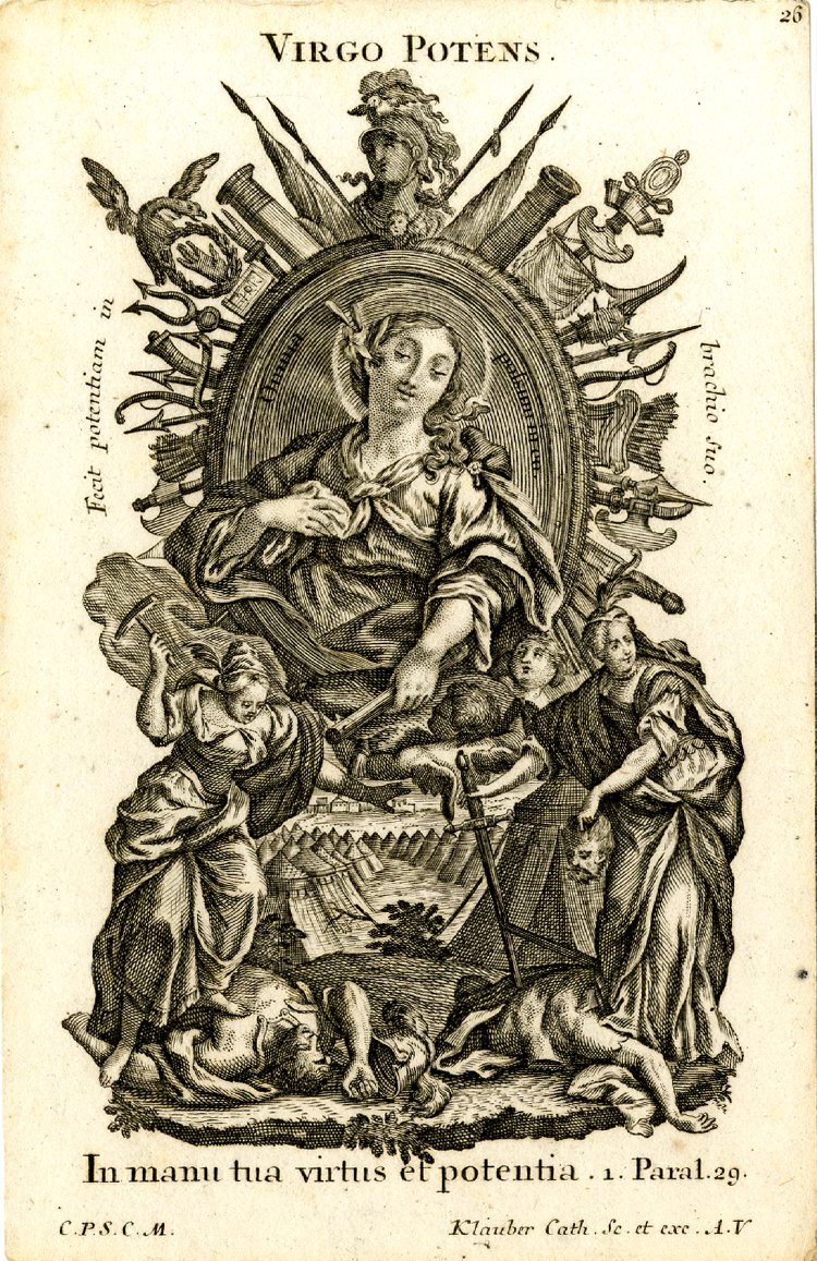 Virgo potens, ora pro nobis.Virgin most powerful, pray for us.The Latin inscription reads:In manu tua virtus et potentia"In thy hands is virtue and power" (1 Chronicles 29:12)