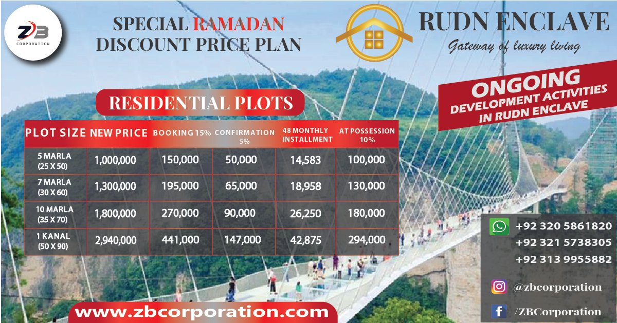 ZBCorporations's tweet photo. RUDN ENCLAVE
#ZBCorporation
#RudnEnclave #RealEstate #PrimeLocation #NaturalDam #ResidentialPlots #CommercialPlots #FormHouses #Investments #Investors #special #Ramdan #discount.
✅5, 7, 10 Marla & 1 Kanal Residential plots 4, 8 marla Commercial plots.
Contact: 0320-586182 https://t.co/KIDhMuqZqY
