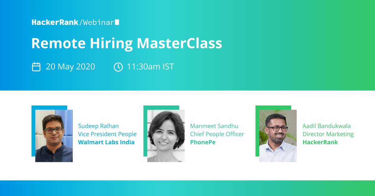 aadil's tweet photo. Excited about @HackerRank's #RemoteHiringMasterClass next week with @WalmartLabsInd's Vice President People Sudeep Ralhan &amp; @PhonePe_'s Chief People Officer Manmeet Sandhu as they share key insights on making the transition to #RemoteHiring. Join us!😀 https://t.co/UYUTGYItdF https://t.co/BGwsbKMMCn