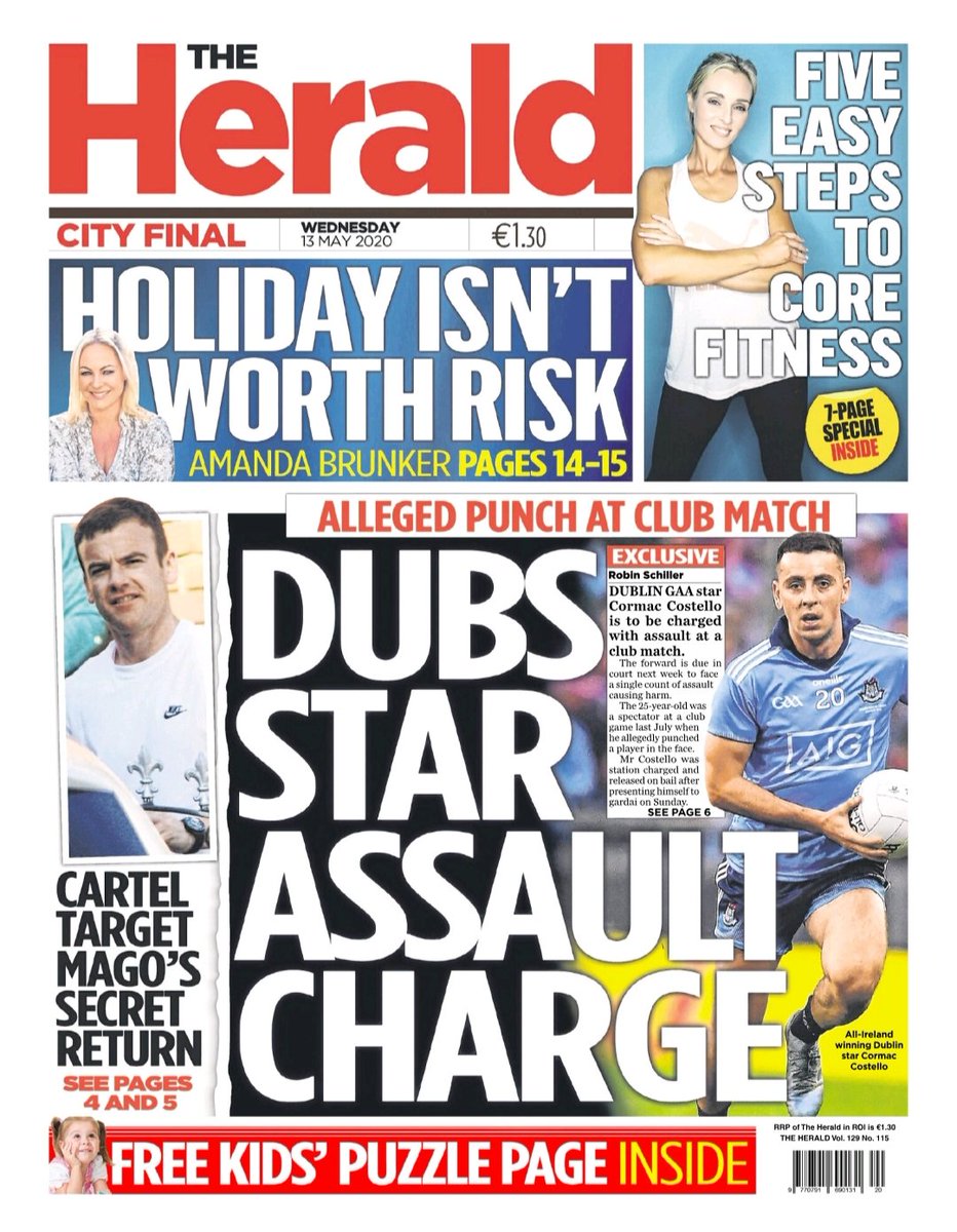 DublinIndo's tweet image. In today's Herald: DUBLIN GAA star Cormac Costello is to be charged with assault at a club match.
