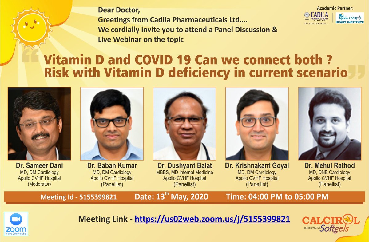PushkarGupta's tweet photo. #VitaminD4Health - Kindly join - Web Based Panel discussion today at 04.00 pm
Topic : Vitamin D and Covid 19, can we connect both? Risk with Vit D3 deficiency in current scenario
Join Zoom Meeting - https://t.co/YXn4QtKVBS
#VitaminD #VitD #SunshineD #PushkarGupta #CalcirolD3 https://t.co/qInDImJeIw