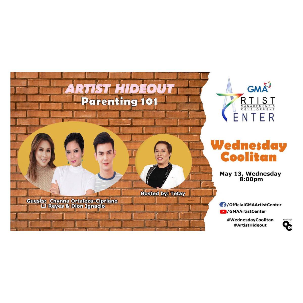 Sparkle_GMA's tweet image. #ArtistHideout: Usapang Parenting 101 ngayong gabi sa #WednesdayCoolitan kasama sina #LJReyes, #ChynnaOrtaleza  and #DionIgnacio, hosted by #TetayOcampo 😊 Premiering at 8pm on GMA Artist Center's official Facebook page!