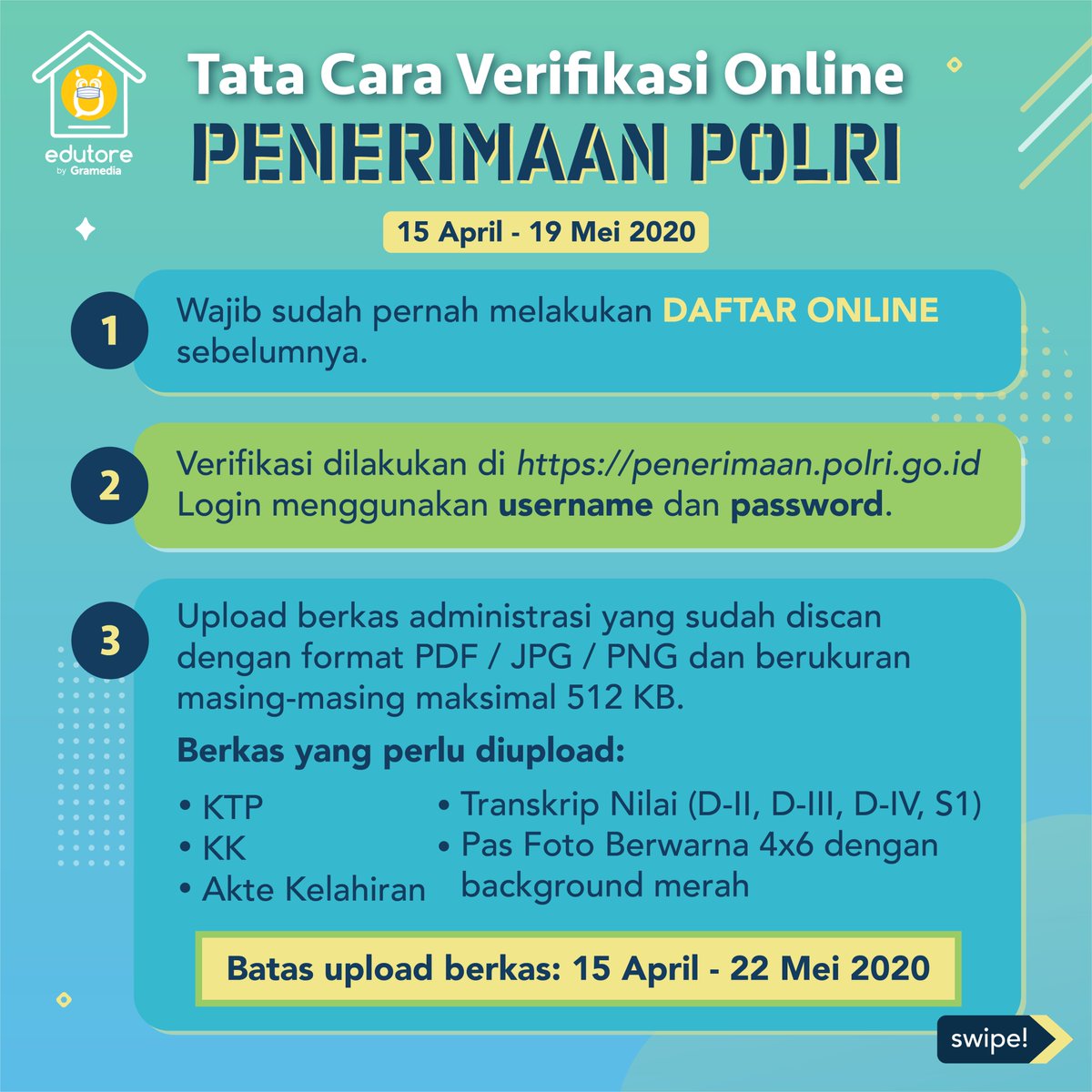 edutorecom's tweet photo. Bagi Edufriends yang berencana untuk mendaftar POLRI, jangan sampai lupa verifikasi online pendaftaran ya!

Bagaimana tahap-tahapnya? Catat penjelasan berikut ya!

#Edutore #SemuaBisaPintar
#POLRI #Polisi https://t.co/PrY46CMLfS