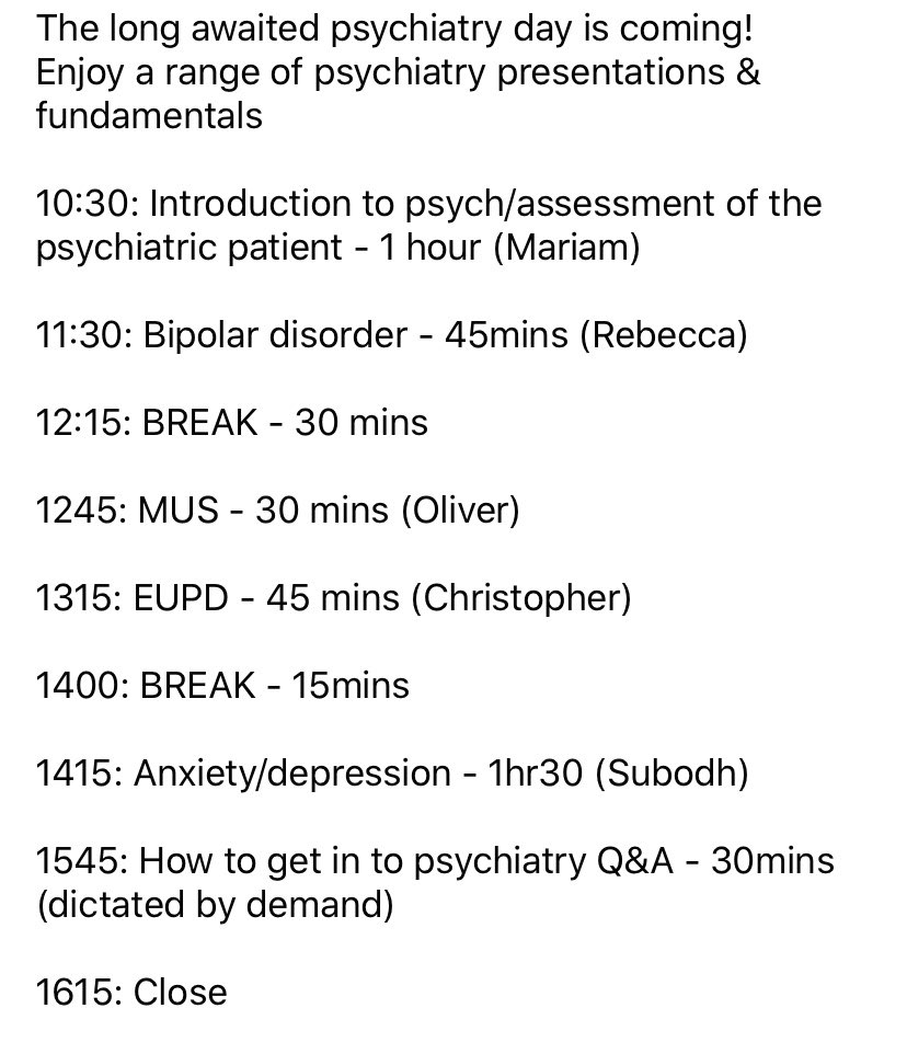 Psychiatry day! 🎉
SMILE <a href="/Lockdown_MedEd/">SMILE Medical Education</a> are hosting a full day of free psychiatry zooms this Friday! Not to be missed 🧠🌈 #choosepsychiatry 
As always remember to join 30 minutes before - max capacity 1000 students