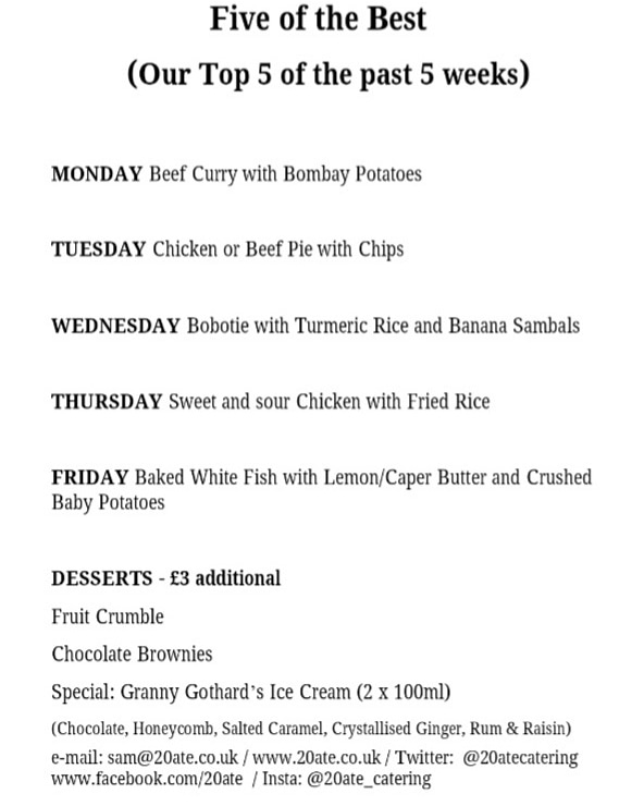 20atecatering's tweet photo. Five of the best! Here's this week's Menu! (11th-15th) How will you choose? Why not order EVERY day! Call us now to book your free delivery xxx STAY SAFE STAY AT HOME xxx
#foodtoyourdoor #freedelivery #homecookedmeal #Bridgwater #goathurst #cannington #northpetherton #enmore https://t.co/1PGvWSPcNH