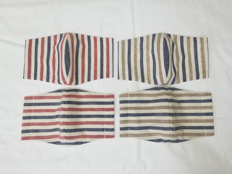ふんどし専門店たぬき堂 ボーダーとストライプ ボーダー柄 横縞 とストライプ柄 縦縞 の手作りマスク 立体縫製タイプ を作りました 紺 赤 と 紺 茶 の２色あり 各種ともｍサイズ ｌサイズをご用意しております 通信販売は電話注文