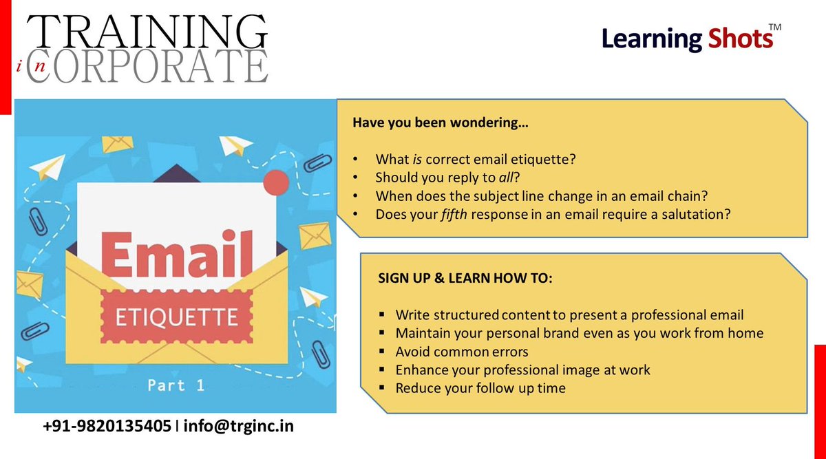 ReginaF2020's tweet photo. Boost your productivity, build your online credibility and write effectively.

Register here: https://t.co/jo6x7jou0L

Register for Email Etiquette - Part 1 &amp; 2 to get a further discount!

Have questions? Connect with us on 9820135405 or at info@trginc.in

#digitallearning https://t.co/VqqnzNf7O9