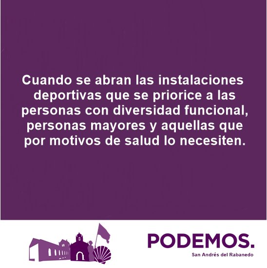 podemosSAR's tweet photo. Priorizar a las personas con diversidad funcional, personas mayores o que por motivos de salud necesiten continuar con su actividad deportiva. #Podemos #COVID19 #nadieatras #SiSePuede https://t.co/EuvBlrPWIU