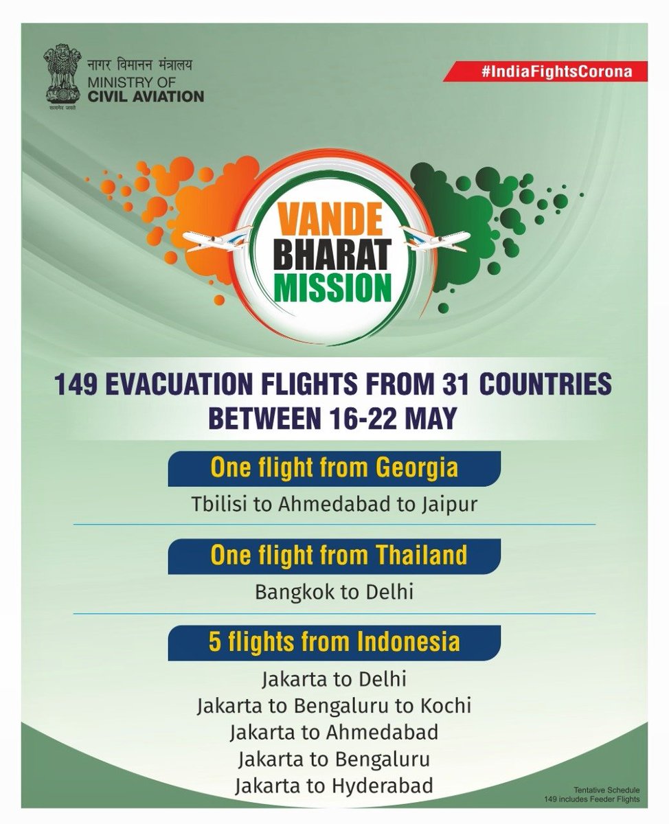 Phase-2 of Vande Bharat from 16-22 May will also include flights from Armenia, Australia, Belarus, Canada, France, Georgia, Germany, Indonesia, Ireland, Italy, Japan, Kazakhstan, Kyrgyzstan, Nepal, Nigeria, Russia, Tajikistan, Thailand & Ukraine.