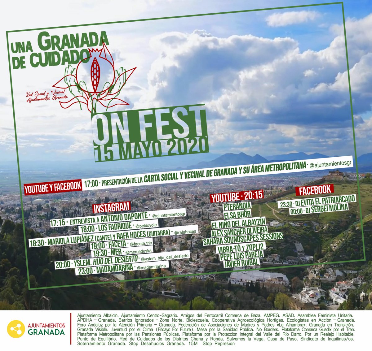 Tenemos una cita el #15M en el #GranadaDeCuidadoFest ! Más de 30 colectivos de la ciudad presentamos la Carta Social y Vecinal de #Granada y su Área Metropolitana en un Festival online con la participación de artistas. Te esperamos!