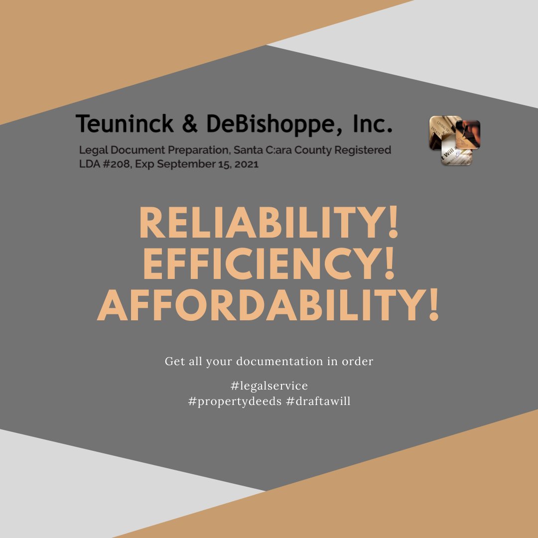 TeuninckL's tweet photo. Reliability! Efficiency! Affordability! Teuninck &amp; DeBishoppe get all your documentation in order, quickly and efficiently! Visit us at https://t.co/XP2dR55aUb or call 408-209-3224 and fix an appt.!

#legalservice #propertydeeds #draftawill #documentation #legaldocumentpreparer https://t.co/Vx3SyDPUlg