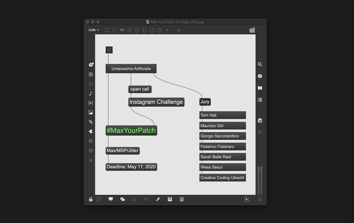 creativeapps's tweet photo. Member Submission: MAX/MSP/Jitter Open Call: #MaxYourPatch // Umanesimo.Artificiale #maxmsp → https://t.co/cN1Q9pAzGY
Join the challenge and share your best patch made with Max/MSP/Jitter // Deadline: 17.05.2020 https://t.co/Jvtf8vpb95