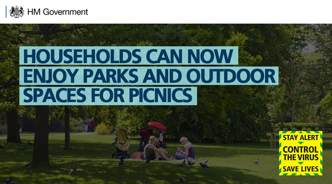 mhclg's tweet photo. From today, people in England can now spend more time outdoors to:

🍎 go for picnics

🚴‍♀️ exercise more than once a day

🏞️ drive to outdoor open spaces

You should always follow strict social distancing guidelines. Read more  👉 https://t.co/LBBe9Gyu8V https://t.co/yhlfkUJerR