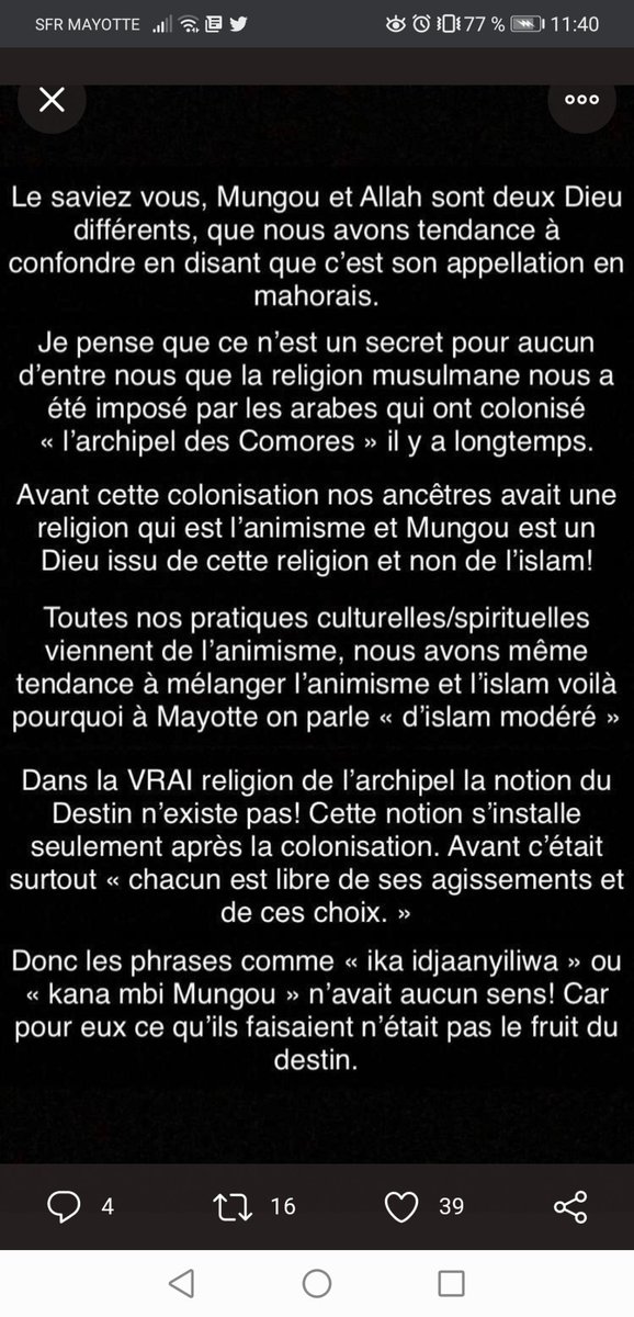 fy_wolfy's tweet photo. @nsmnta72 "Je me suis toujours dit que les mahorais n'était pas vraiment musulmans quand je voyais ce qu'il pratiquer " c'est un constat car je me base sur ce que j'ai vu. Tous par de la.. Et bizarrement l'auteur aussi contaste la même chose, pourquoi tu t'en prend pas lui ? 🤔😌 https://t.co/iQ9dTpL7FZ