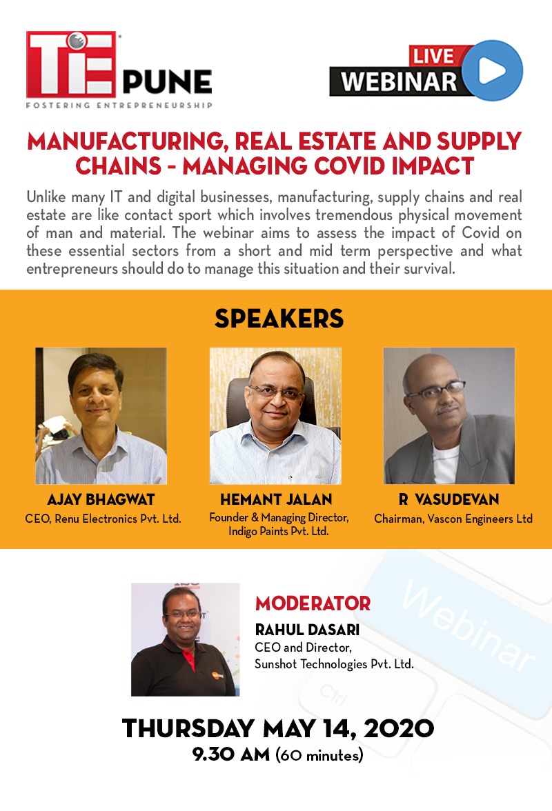 SunshotTech's tweet photo. Mr. Rahul Dasari, CEO, Sunshot Technologies will be conducting the LIVE #webinar on Thursday at 14th May 2020 - 09:30 am to 10:30 am IST.
Topic: #Manufacturing, Real Estate and #SupplyChains – Managing COVID impact.
Registration Link: https://t.co/72F5EfQNTI https://t.co/4CQOl5ucxP