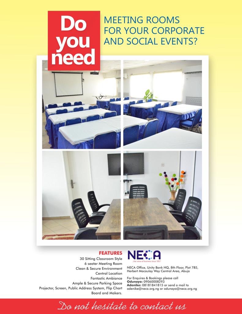 necadotorg's tweet photo. Take advantage of our meeting room facility; make arrangement for your own food and drinks without paying corkage.
Call: 09060008293/ 08181841815.
#nocorkage #Virtual #SocialDistancing
@Omojuwa @cipmnigeria @ILOAbuja @NigeriaNewsdesk @KPMG_NG https://t.co/goo6aImB3X